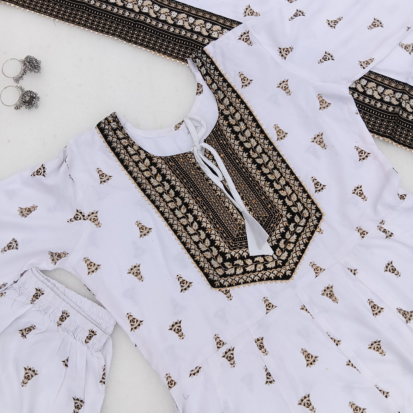 White & Black Printed Anarkali Suit Set with Dupatta