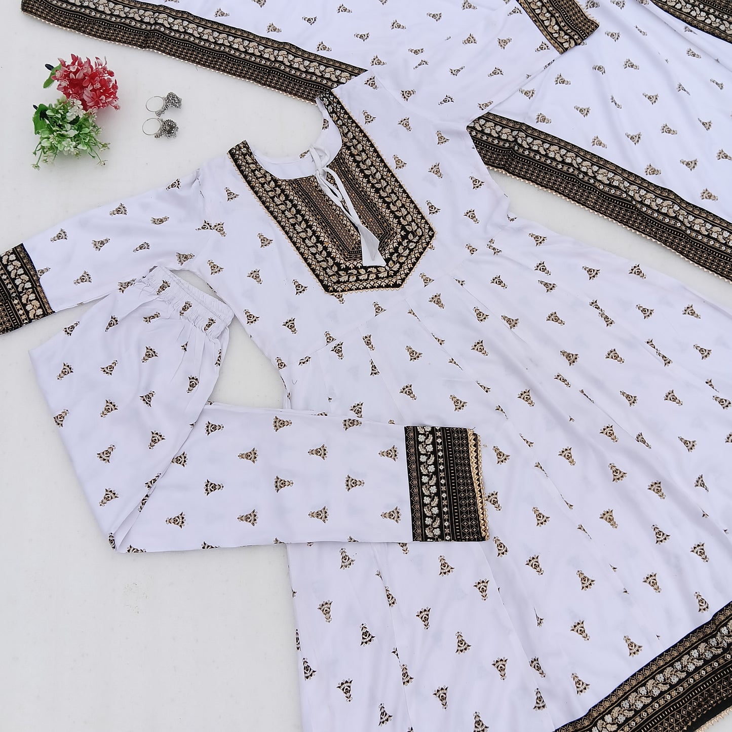 White & Black Printed Anarkali Suit Set with Dupatta