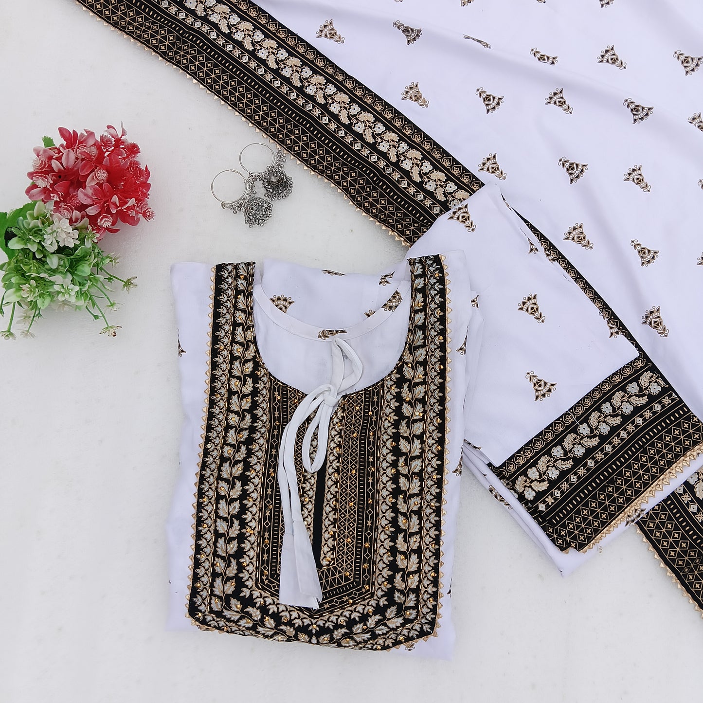 White & Black Printed Anarkali Suit Set with Dupatta