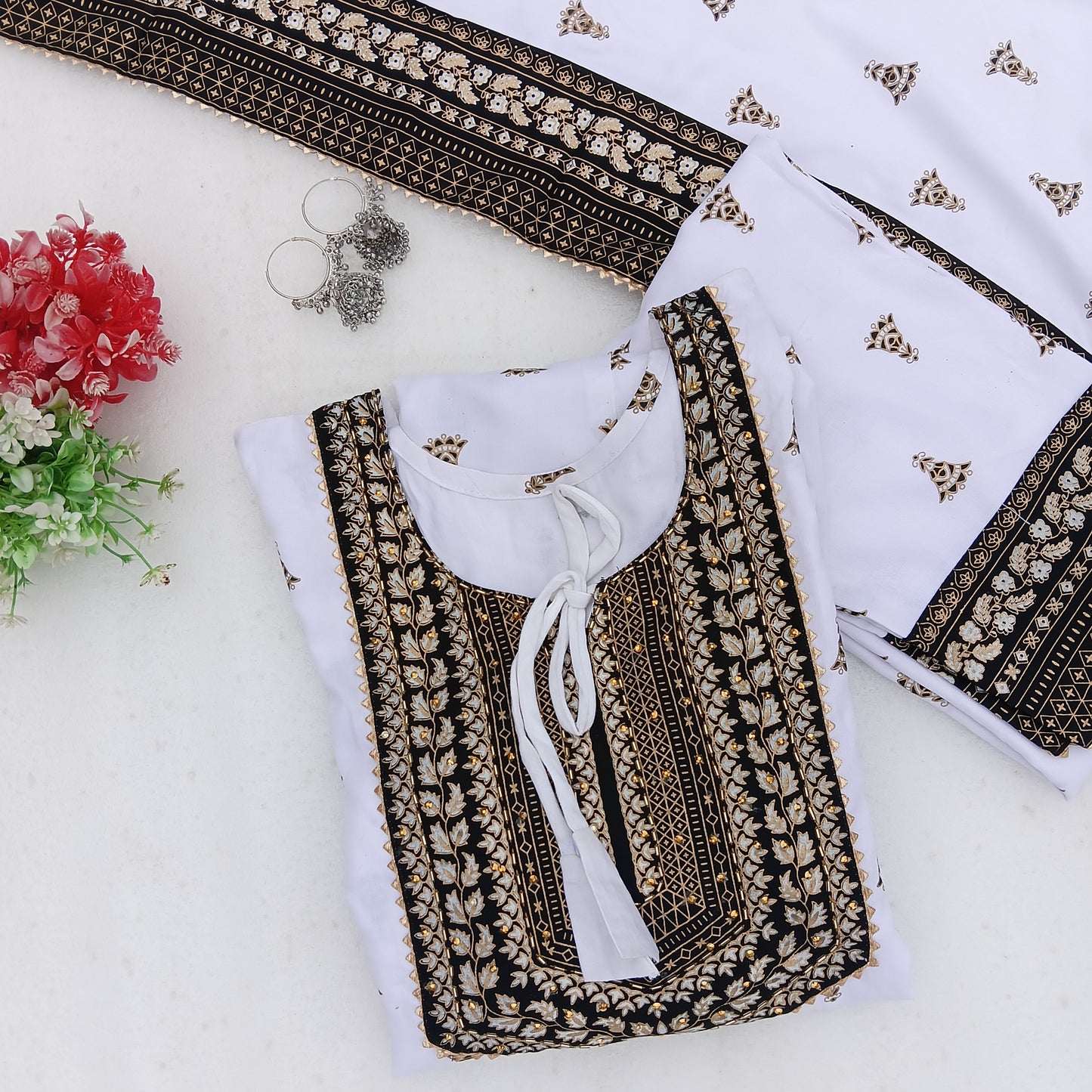 White & Black Printed Anarkali Suit Set with Dupatta