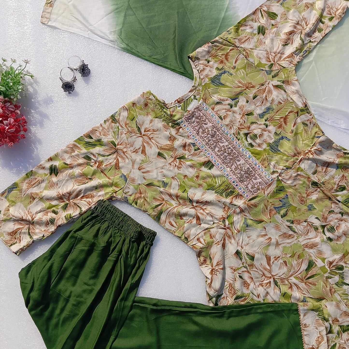 Floral Printed Kurta Set with Embellished Neckline & Dupatta