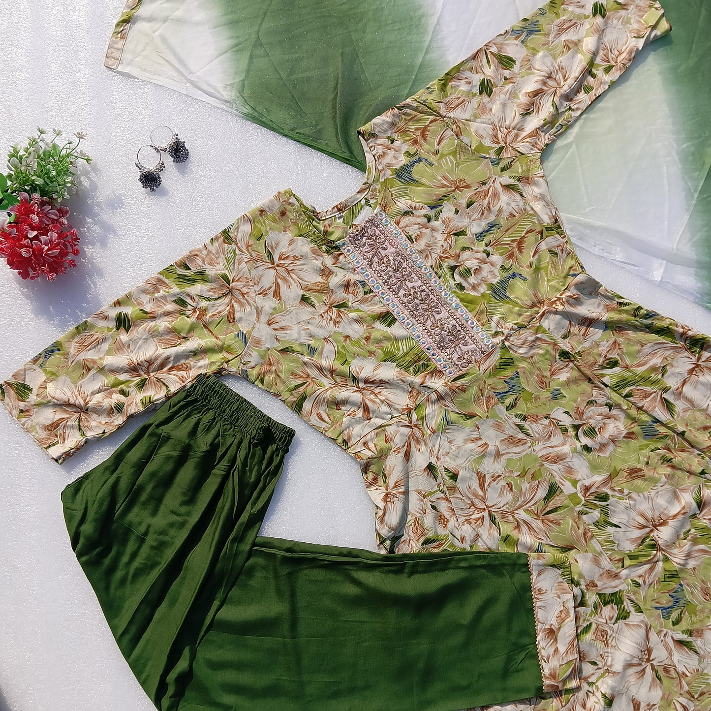 Floral Printed Kurta Set with Embellished Neckline & Dupatta