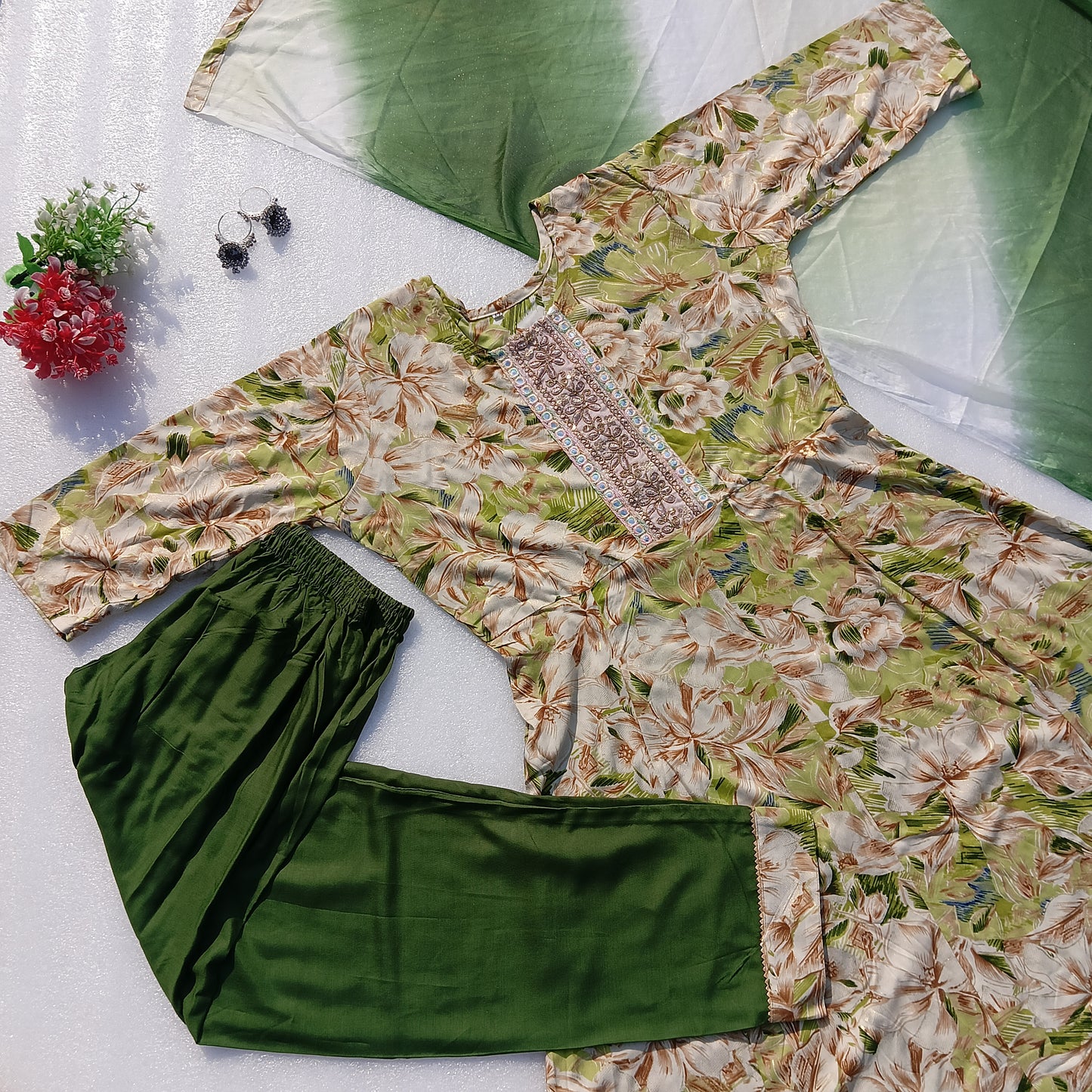 Floral Printed Kurta Set with Embellished Neckline & Dupatta