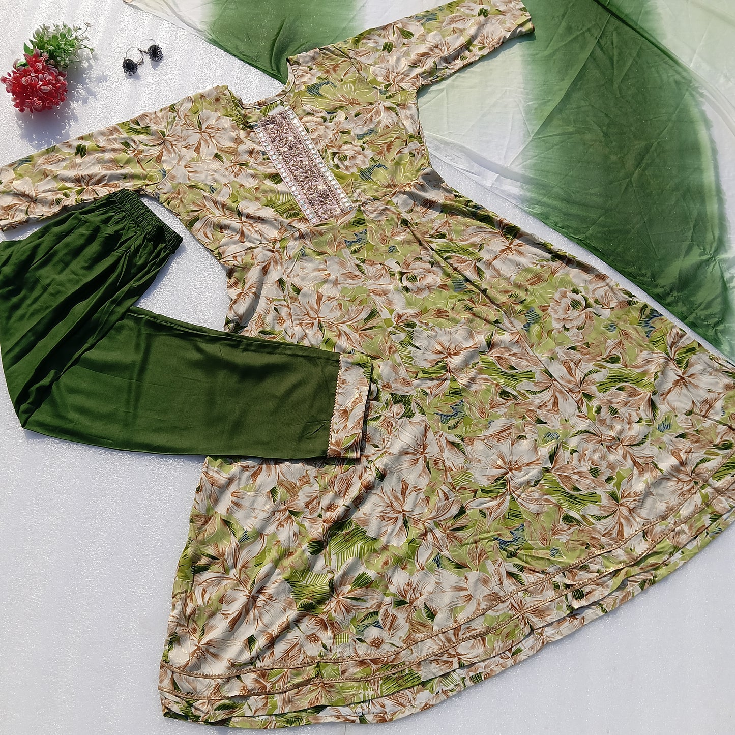 Floral Printed Kurta Set with Embellished Neckline & Dupatta