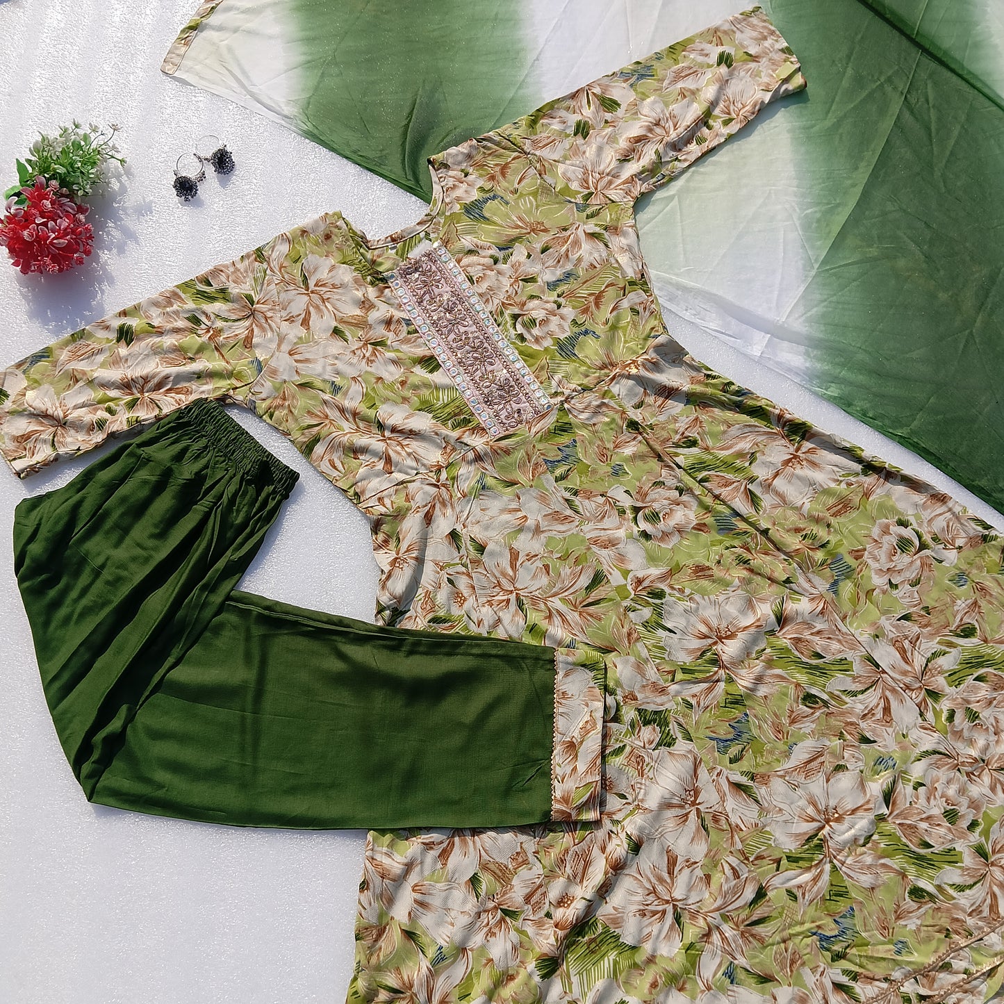 Floral Printed Kurta Set with Embellished Neckline & Dupatta