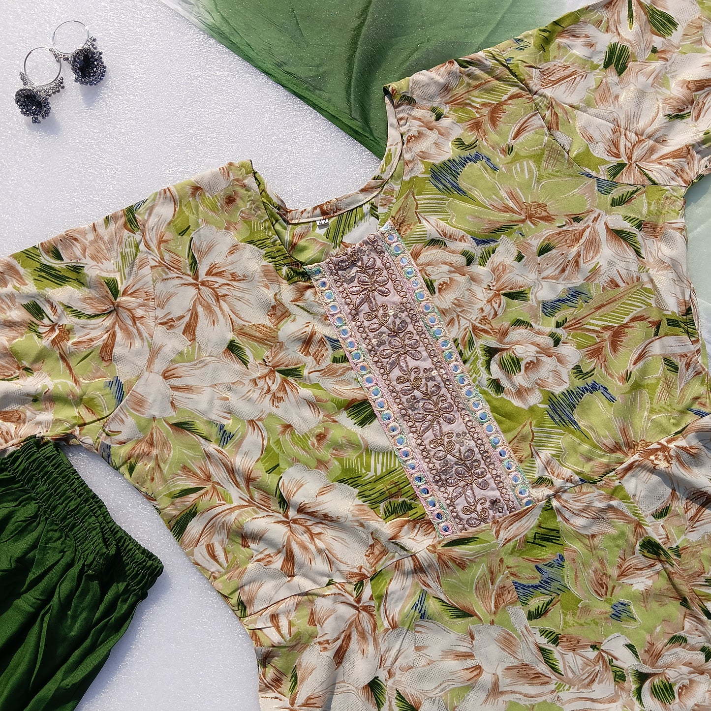 Floral Printed Kurta Set with Embellished Neckline & Dupatta