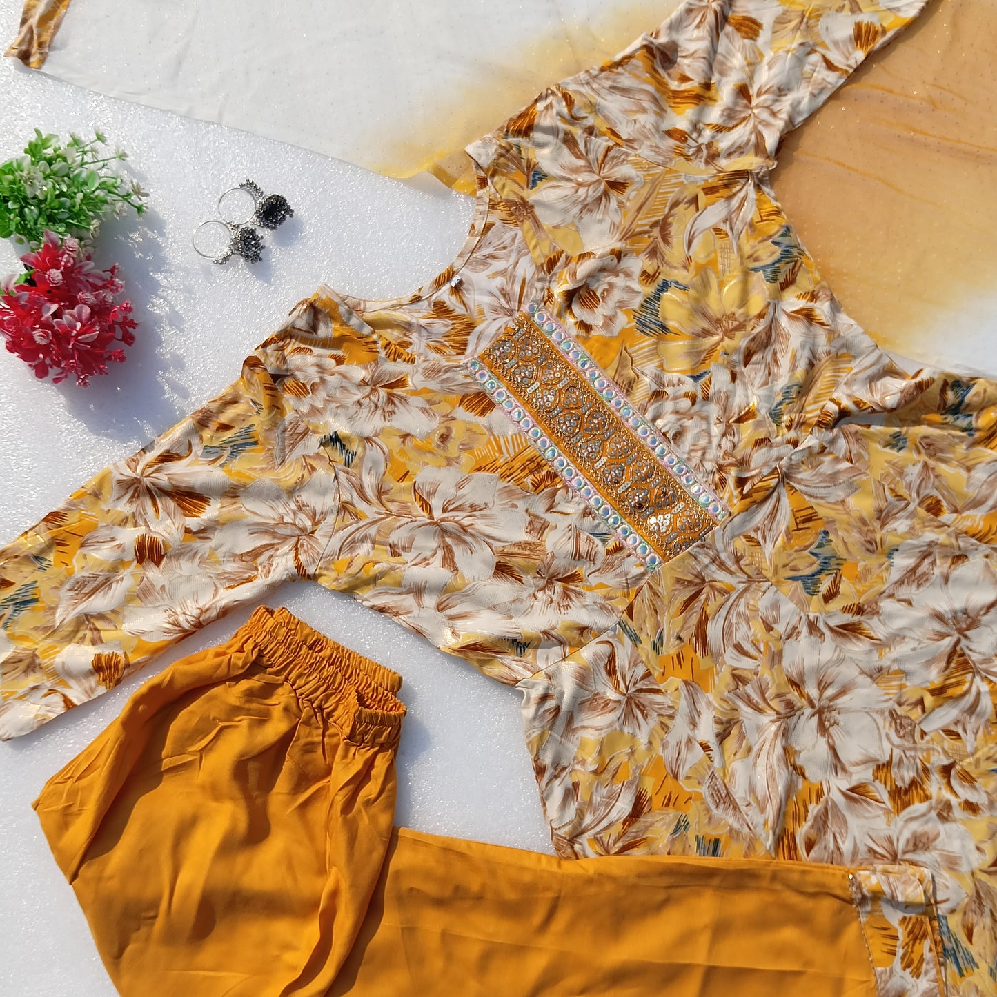 Floral Printed Kurta Set with Embellished Neckline & Dupatta