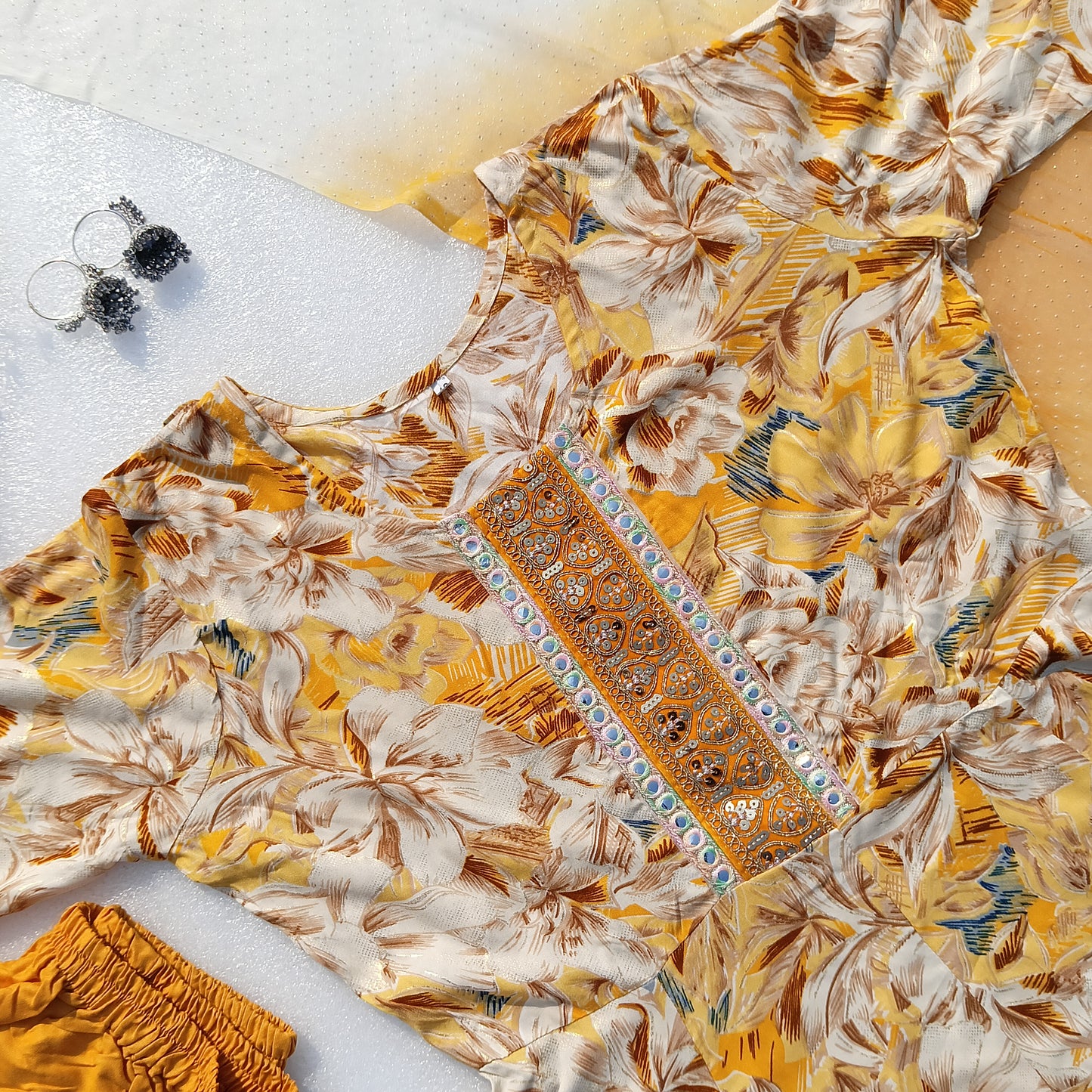 Floral Printed Kurta Set with Embellished Neckline & Dupatta