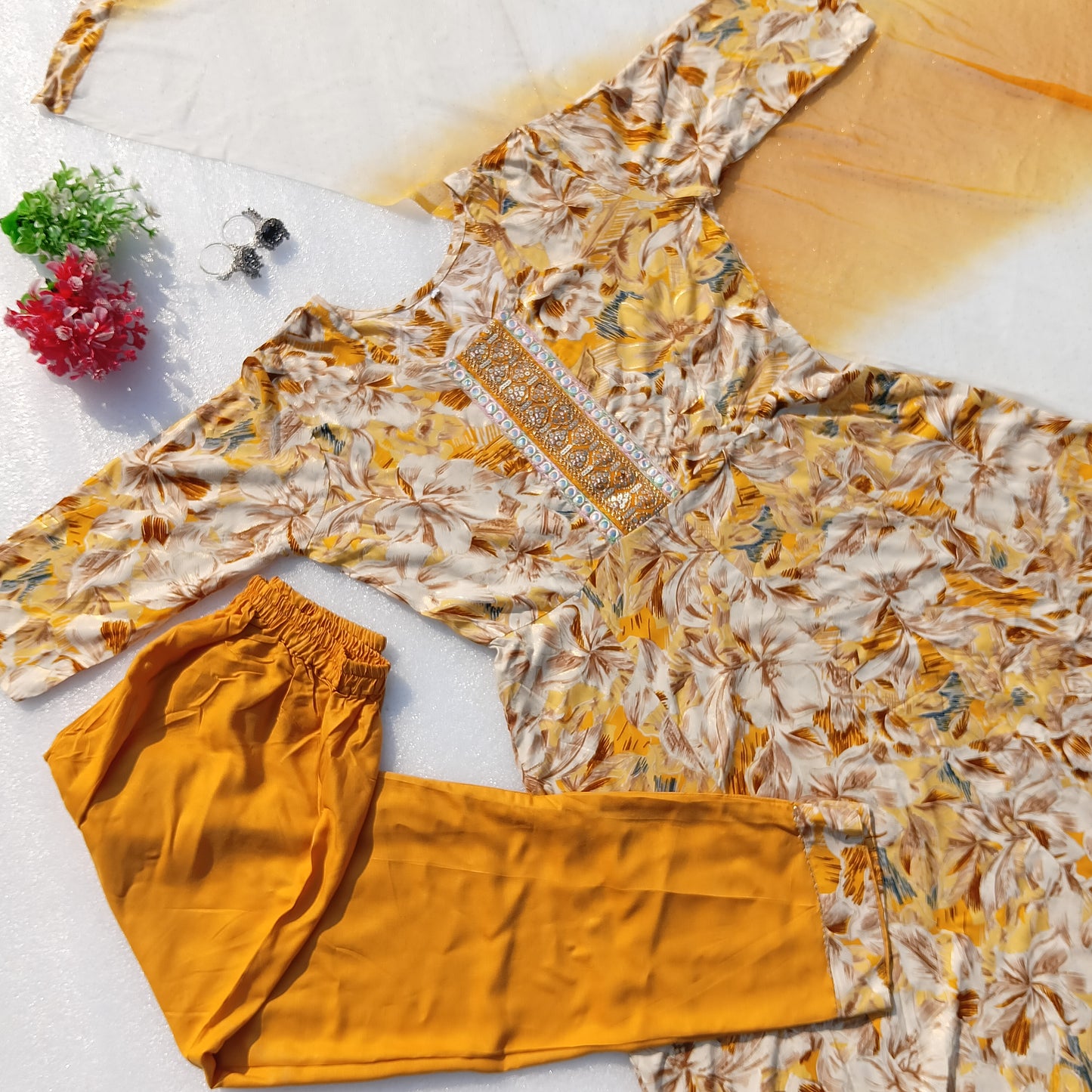 Floral Printed Kurta Set with Embellished Neckline & Dupatta