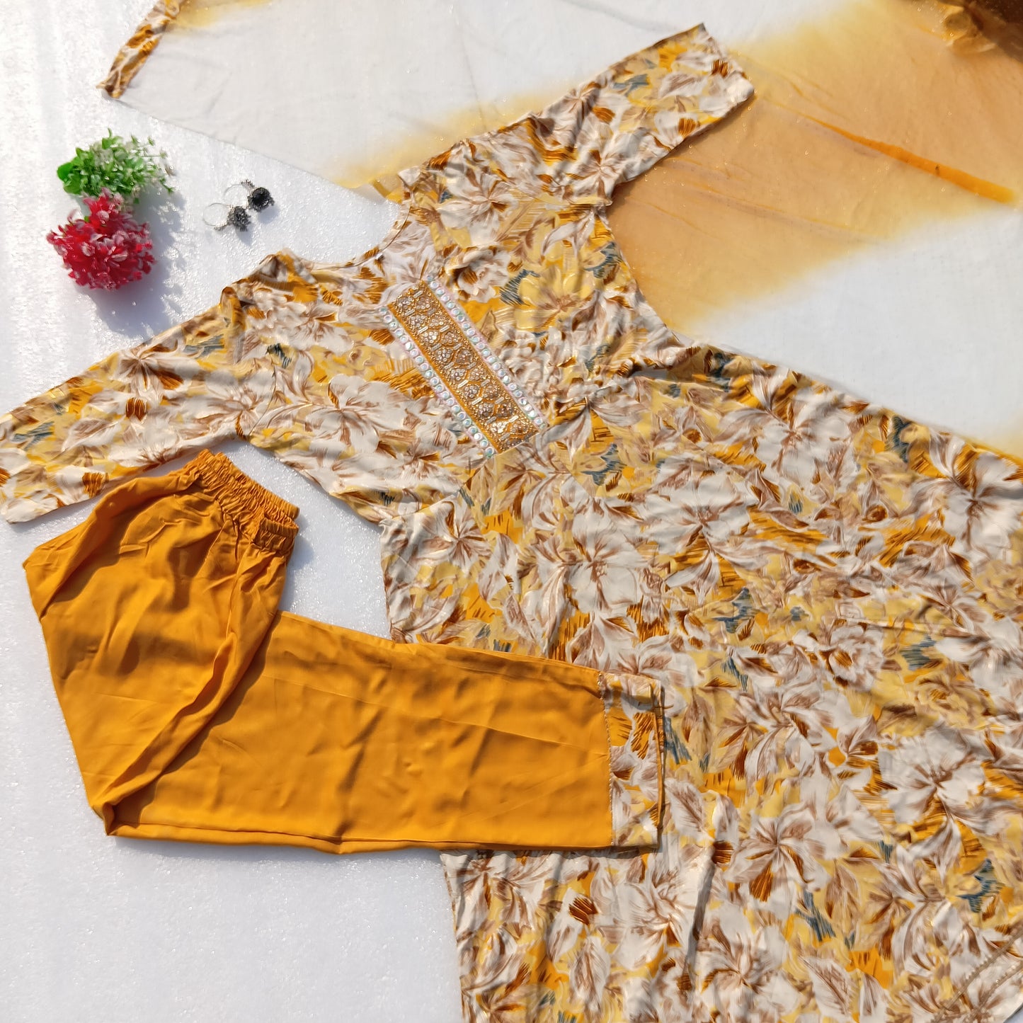 Floral Printed Kurta Set with Embellished Neckline & Dupatta