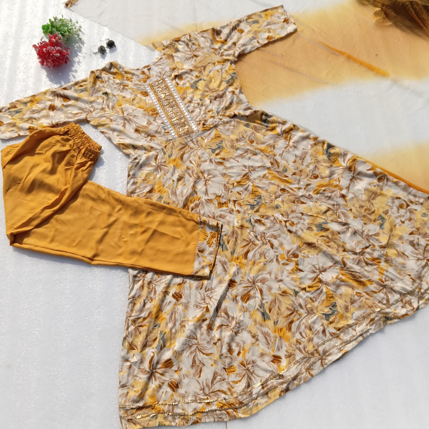 Floral Printed Kurta Set with Embellished Neckline & Dupatta