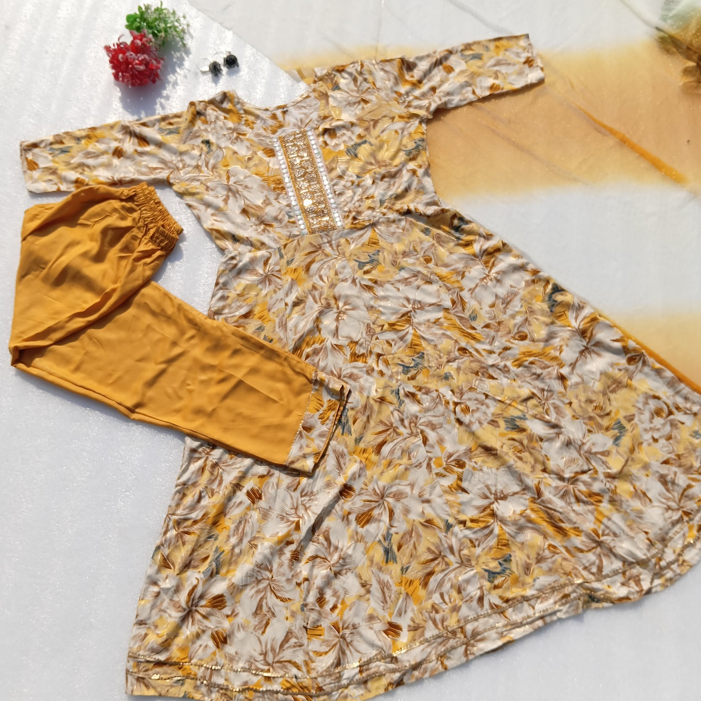 Floral Printed Kurta Set with Embellished Neckline & Dupatta