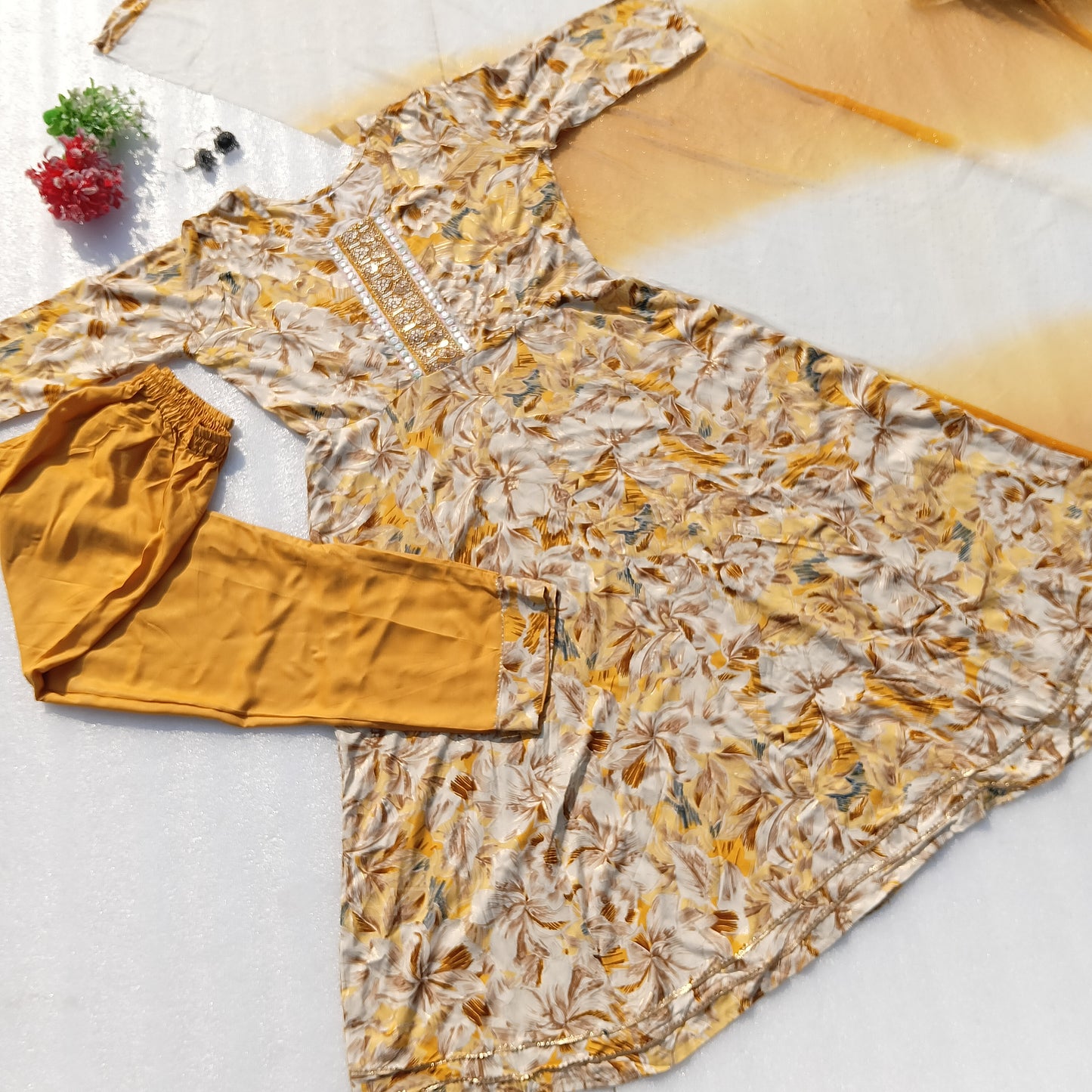 Floral Printed Kurta Set with Embellished Neckline & Dupatta