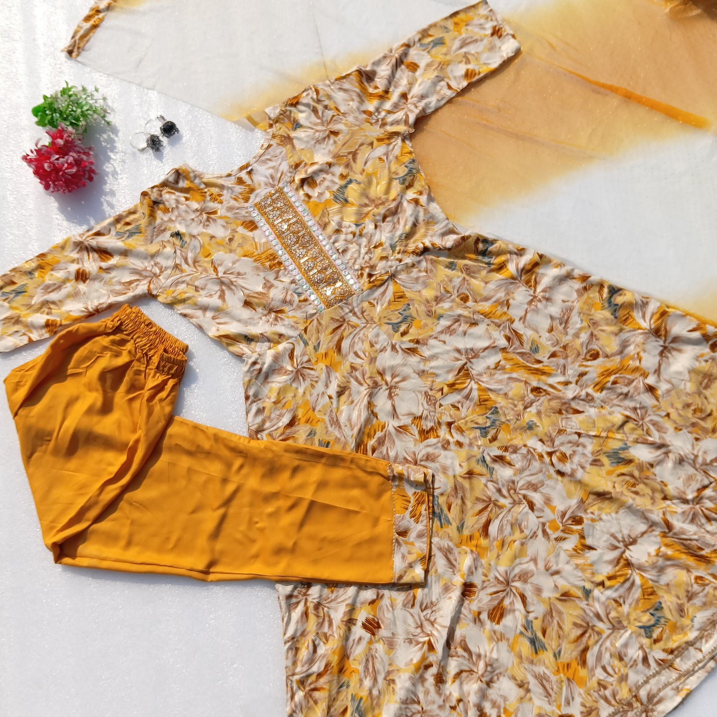 Floral Printed Kurta Set with Embellished Neckline & Dupatta