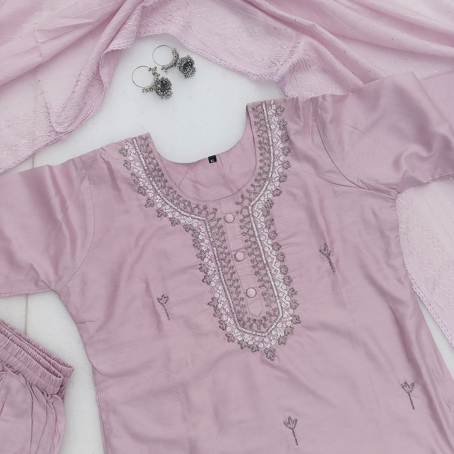 Handwork Dusty Rose Embroidered Kurta Set with Dupatta