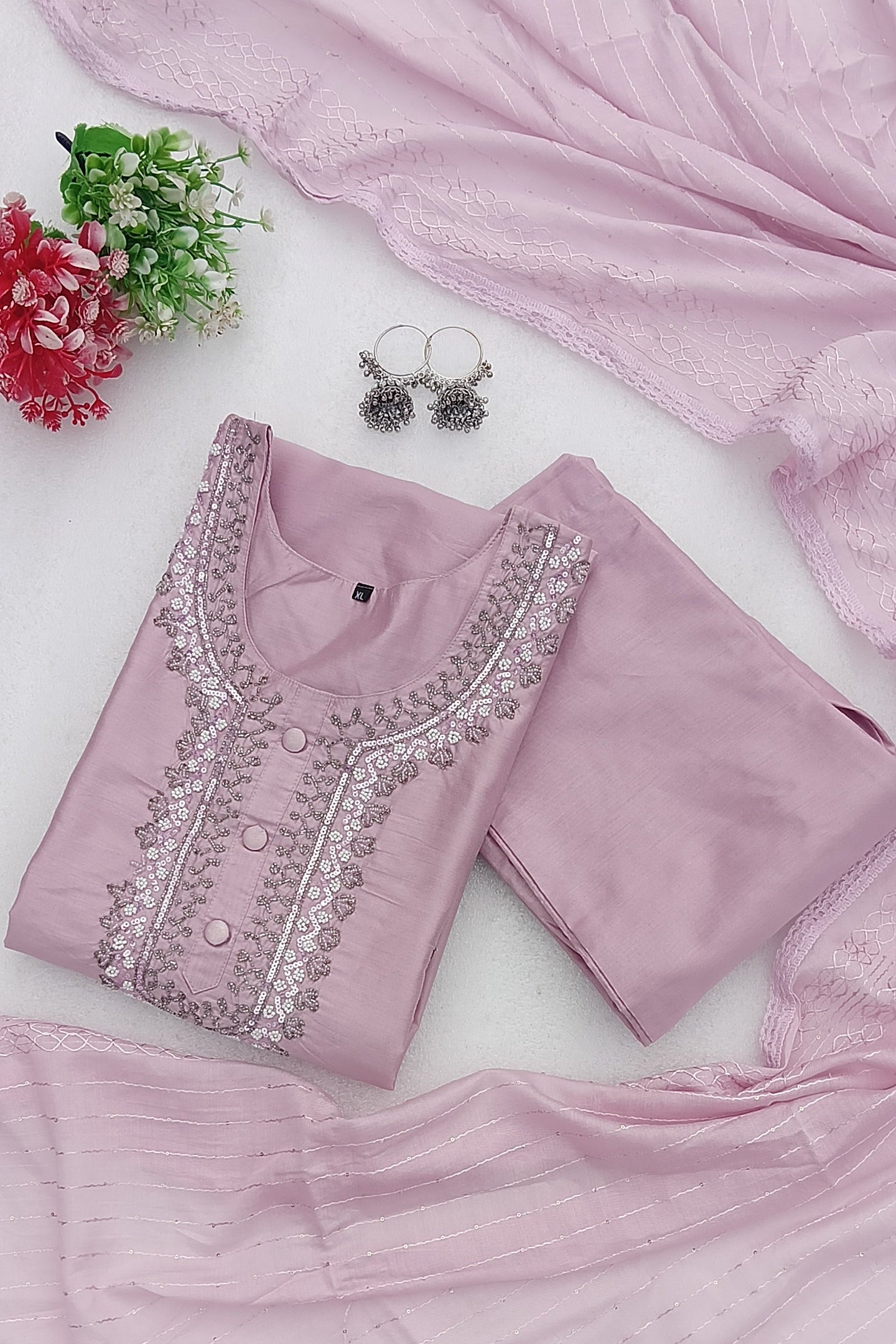 Handwork Dusty Rose Embroidered Kurta Set with Dupatta