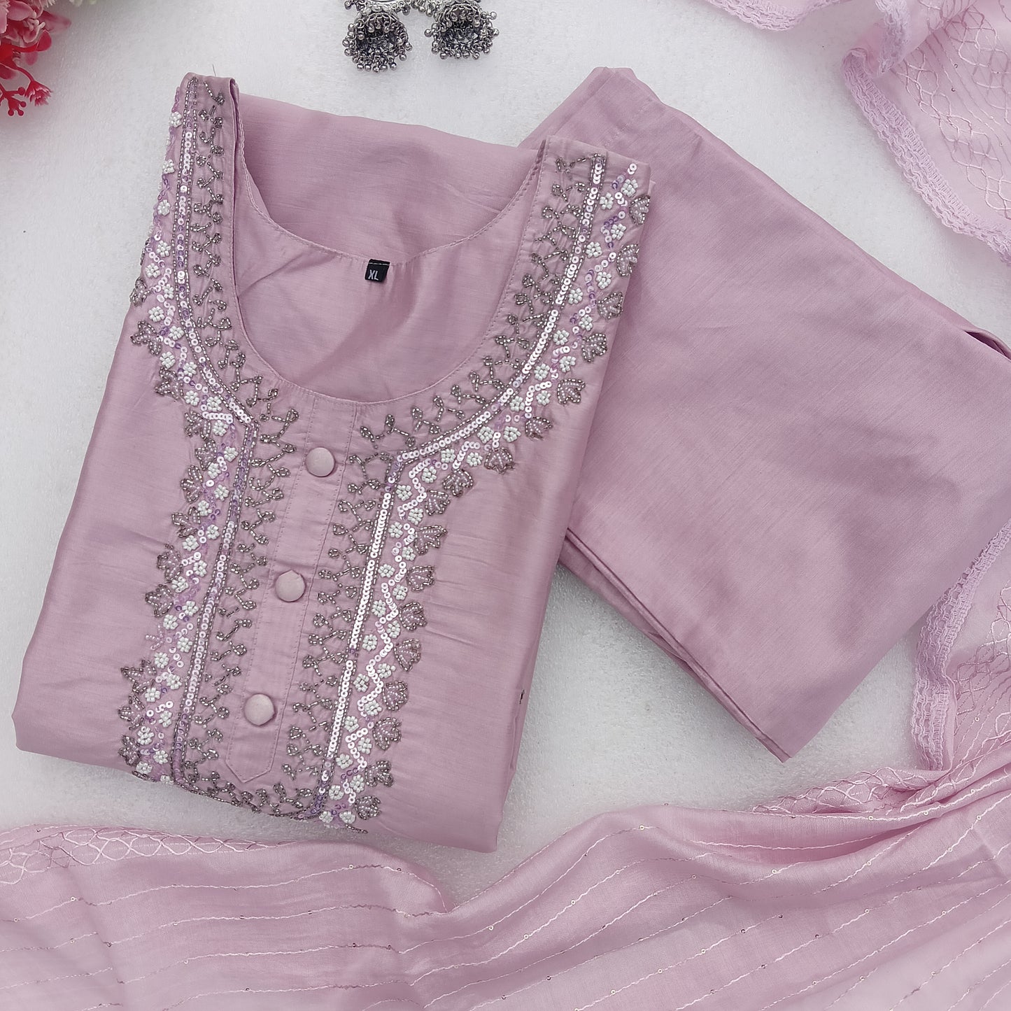 Handwork Dusty Rose Embroidered Kurta Set with Dupatta