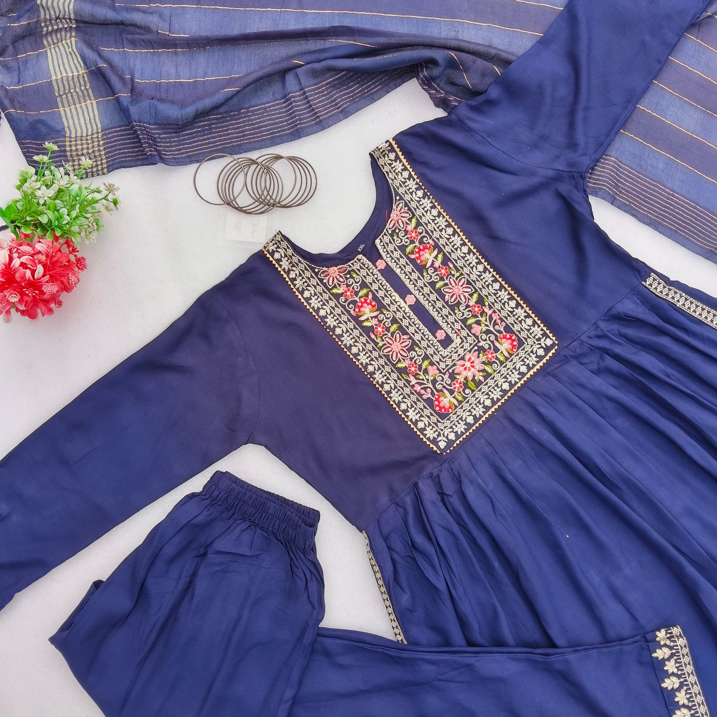 Party Wear Embroidered Naira Cut Suit Set with Dupatta