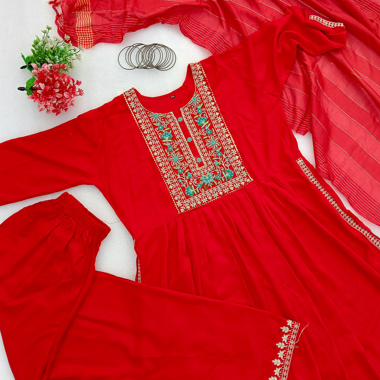 Party Wear Embroidered Naira Cut Suit Set with Dupatta