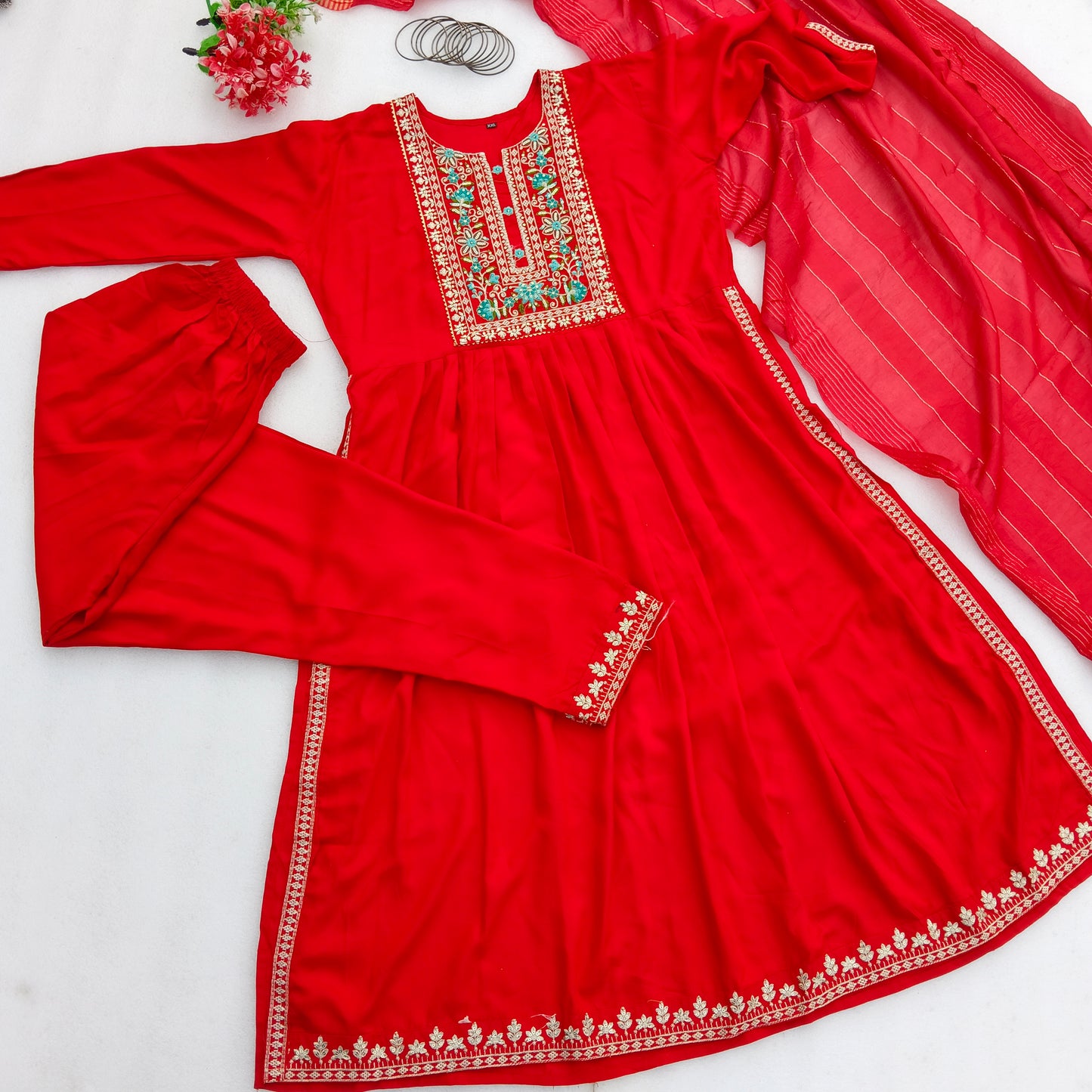 Party Wear Embroidered Naira Cut Suit Set with Dupatta