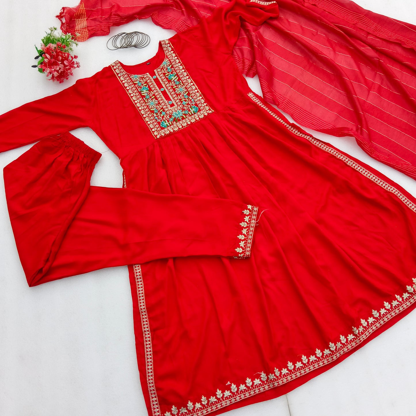 Party Wear Embroidered Naira Cut Suit Set with Dupatta