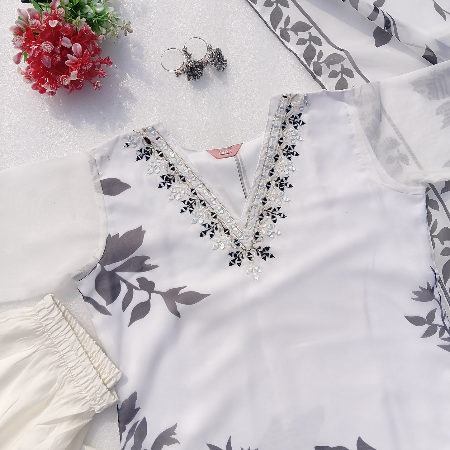 Elegant White & Black Floral Organza Three-Piece Outfit with Mirror Work Neckline