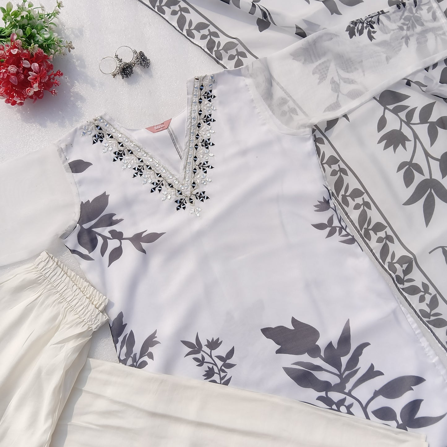 Elegant White & Black Floral Organza Three-Piece Outfit with Mirror Work Neckline