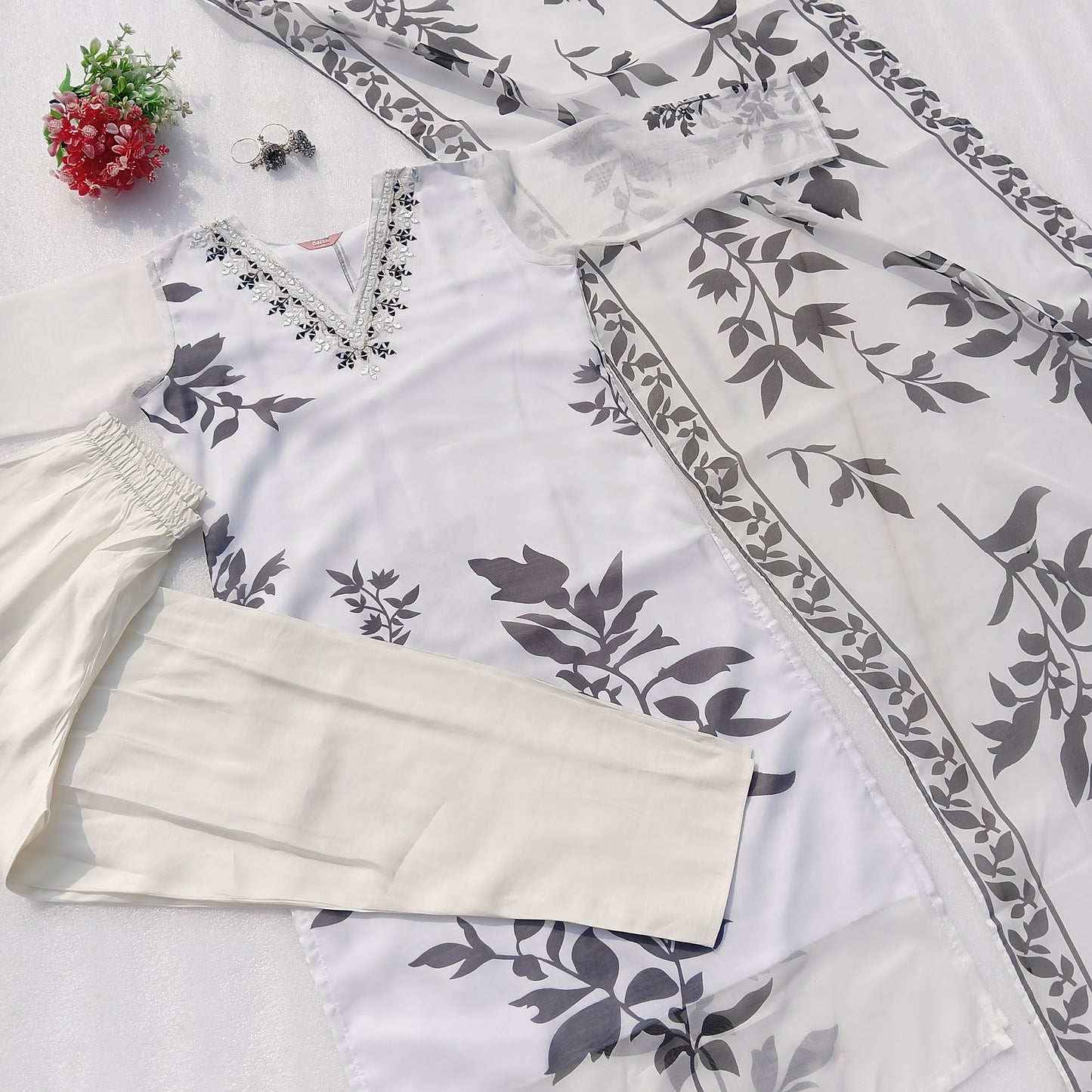 Elegant White & Black Floral Organza Three-Piece Outfit with Mirror Work Neckline