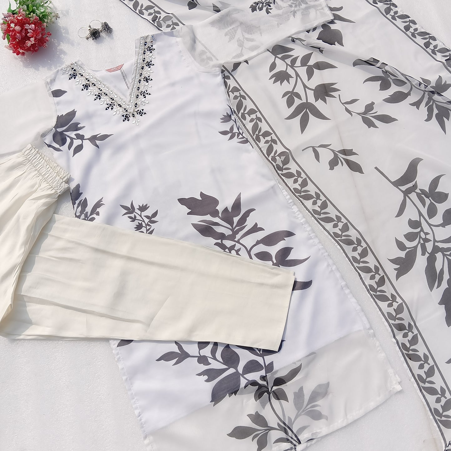 Elegant White & Black Floral Organza Three-Piece Outfit with Mirror Work Neckline