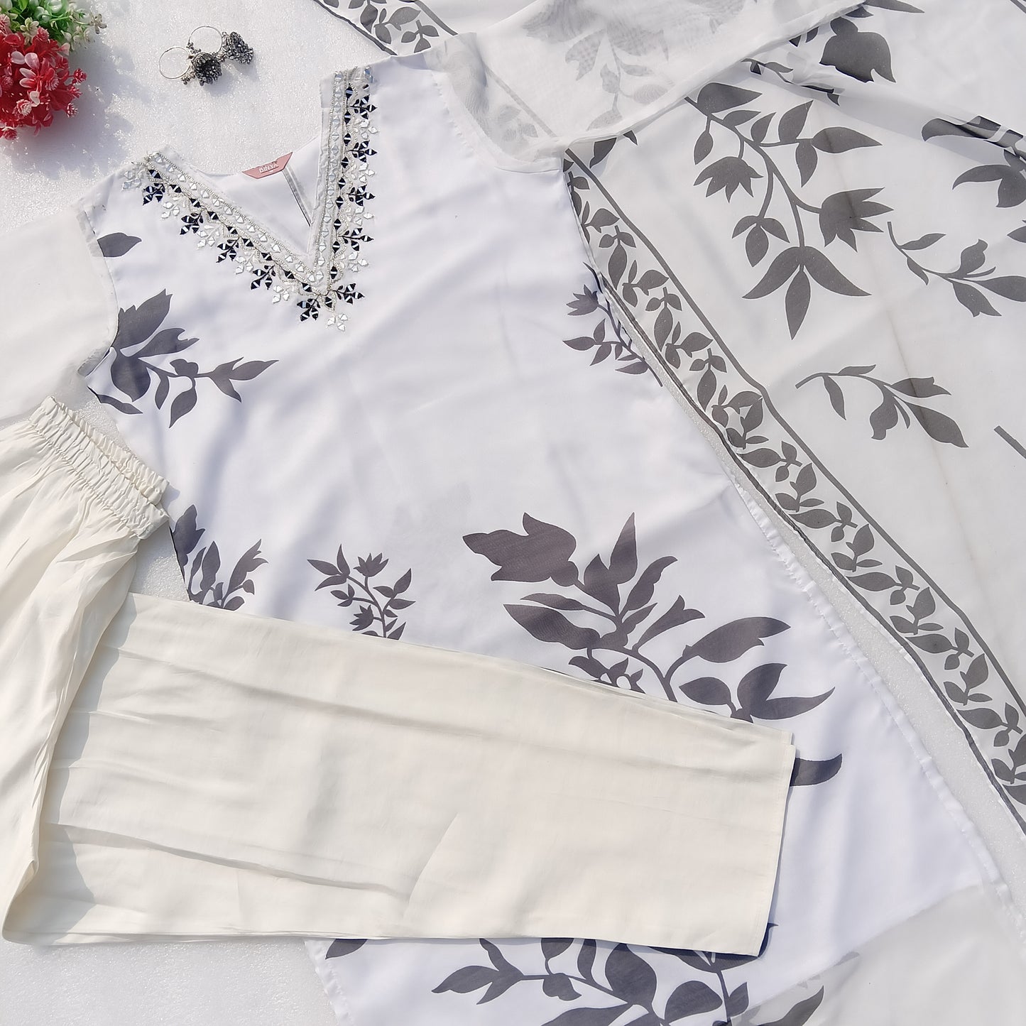 Elegant White & Black Floral Organza Three-Piece Outfit with Mirror Work Neckline