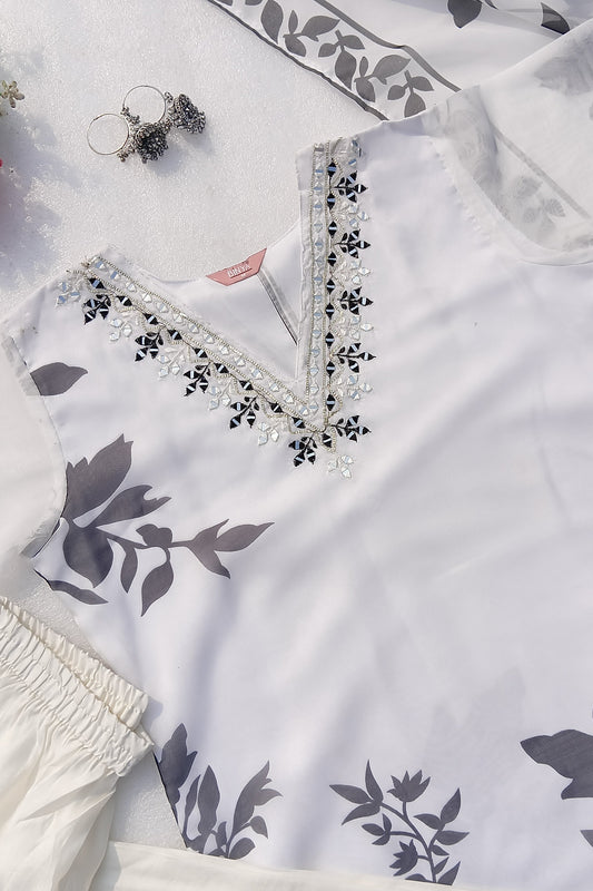 Elegant White & Black Floral Organza Three-Piece Outfit with Mirror Work Neckline