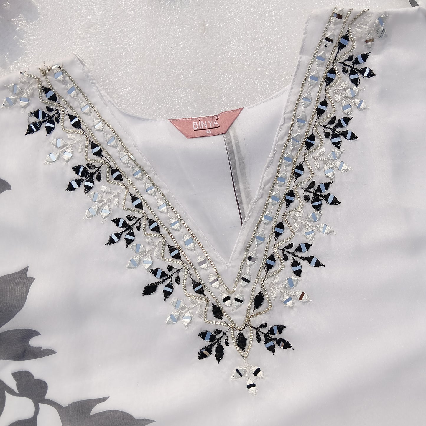 Elegant White & Black Floral Organza Three-Piece Outfit with Mirror Work Neckline