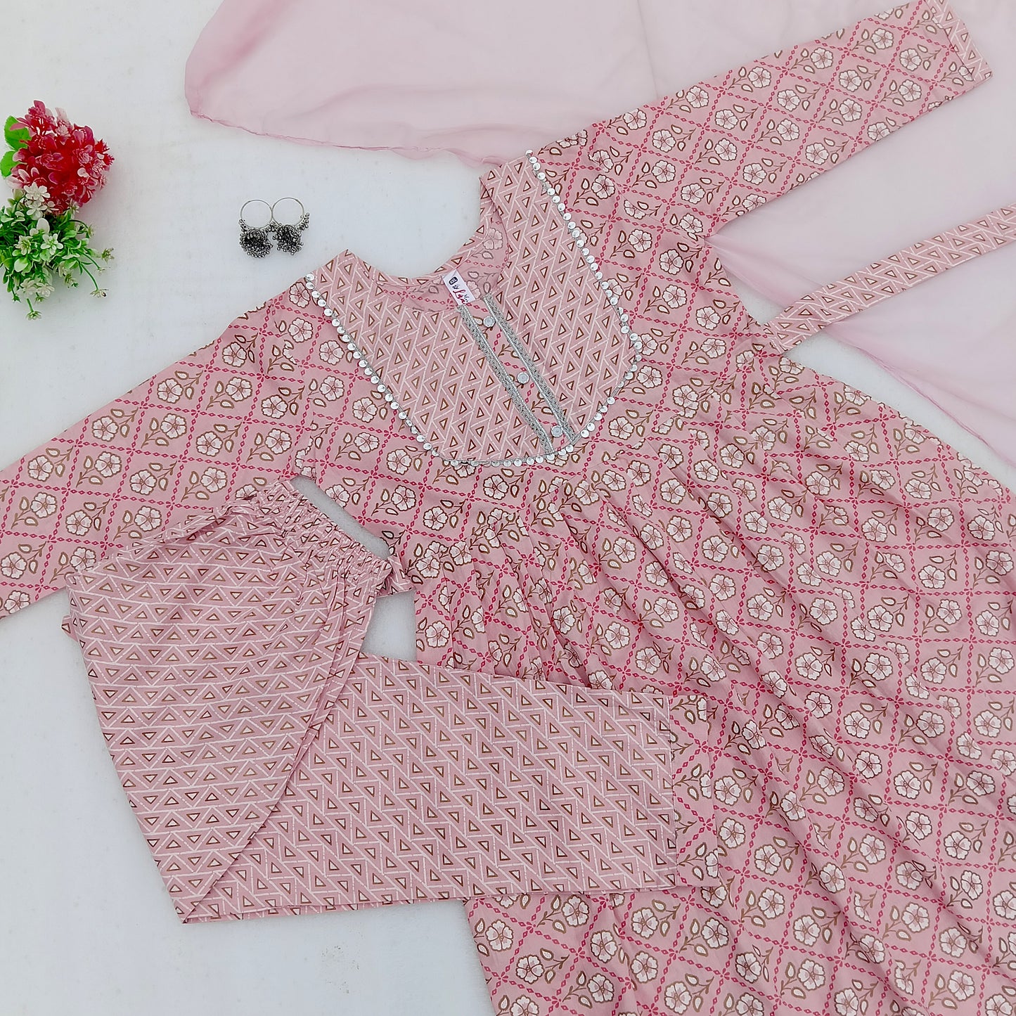 Graceful Anarkali Dress with Floral & Geometric Patterns