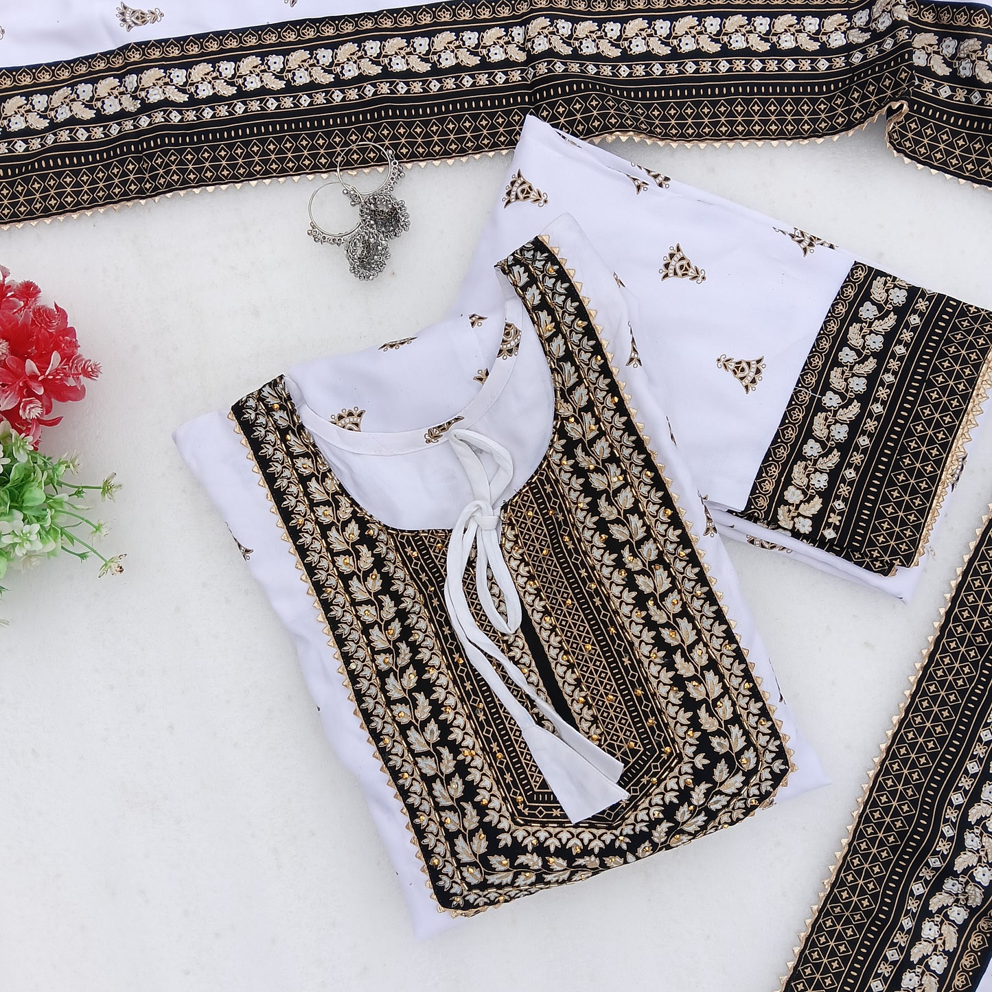 White & Black Printed Anarkali Suit Set with Dupatta