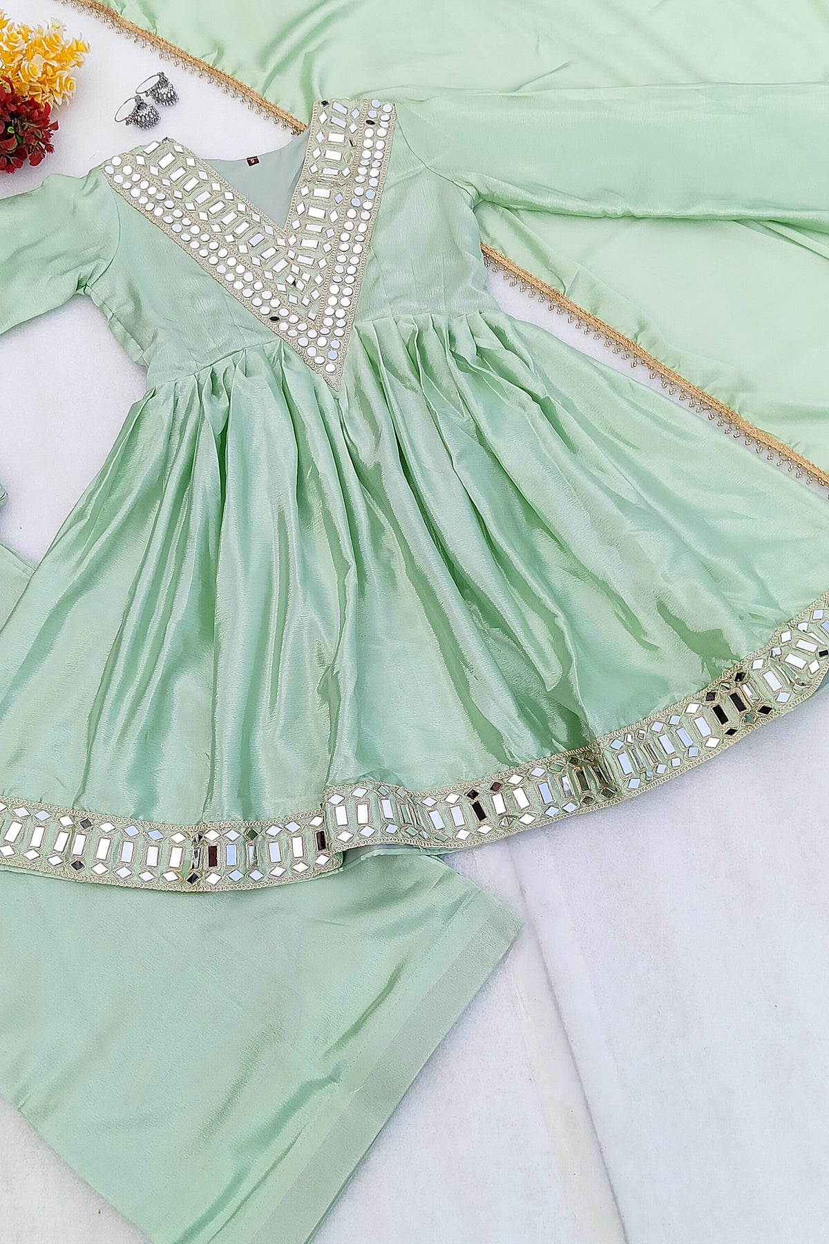 Viral Designer Pista Green Real Mirror Work Party Wear Outfit