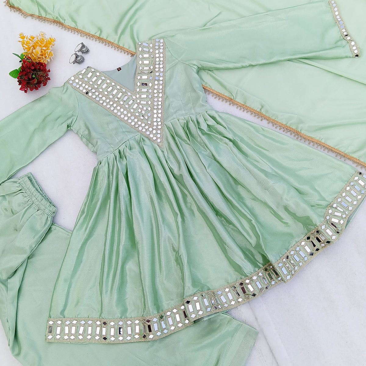 Viral Designer Pista Green Real Mirror Work Party Wear Outfit