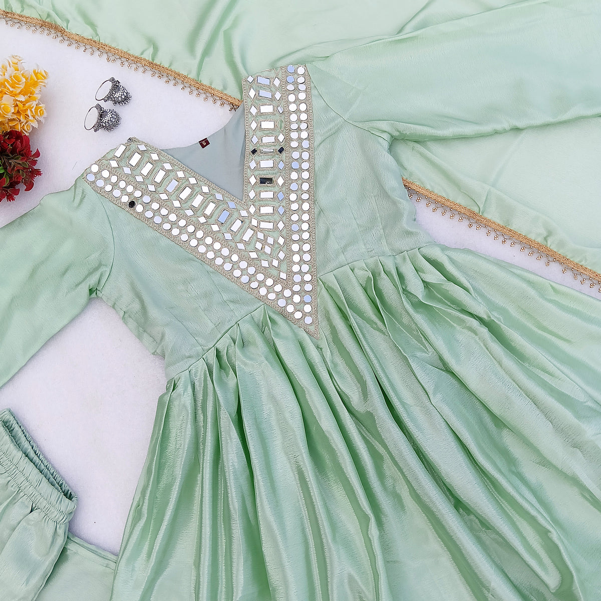 Viral Designer Pista Green Real Mirror Work Party Wear Outfit