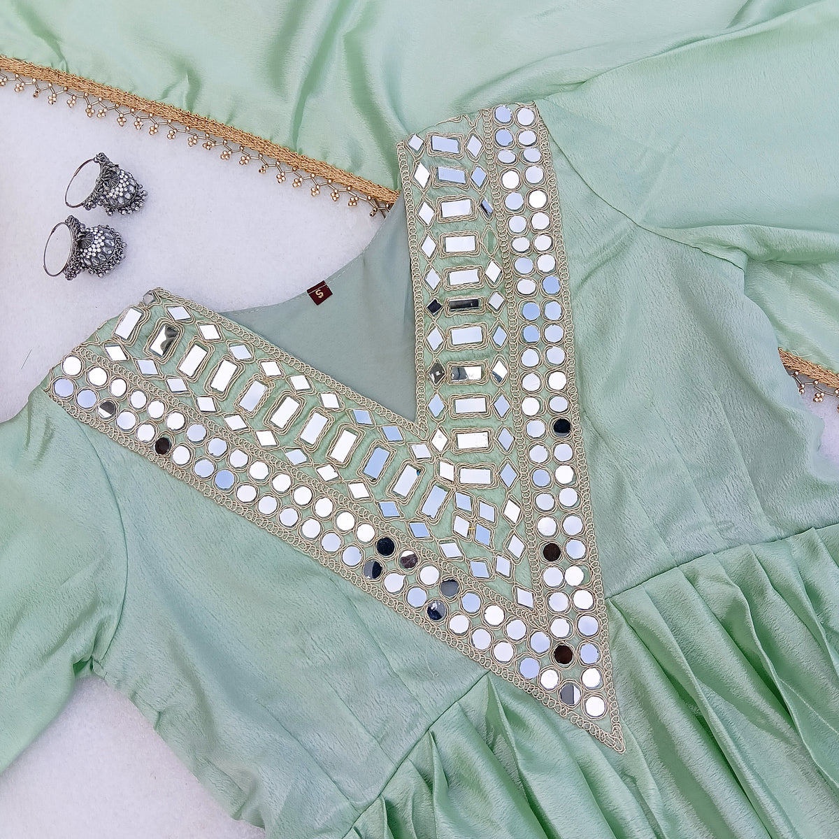 Viral Designer Pista Green Real Mirror Work Party Wear Outfit