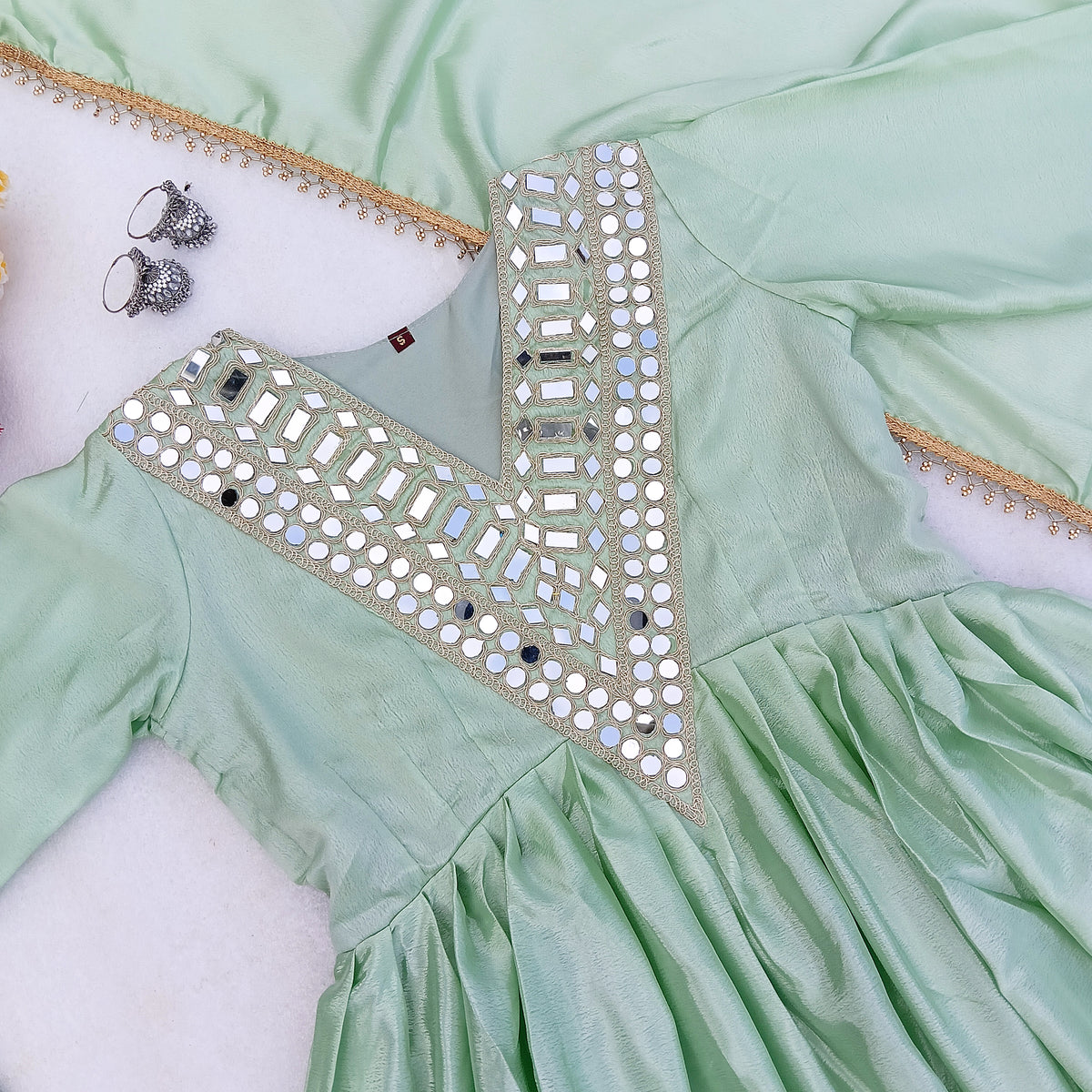 Viral Designer Pista Green Real Mirror Work Party Wear Outfit