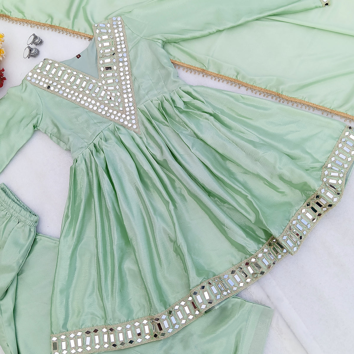 Viral Designer Pista Green Real Mirror Work Party Wear Outfit