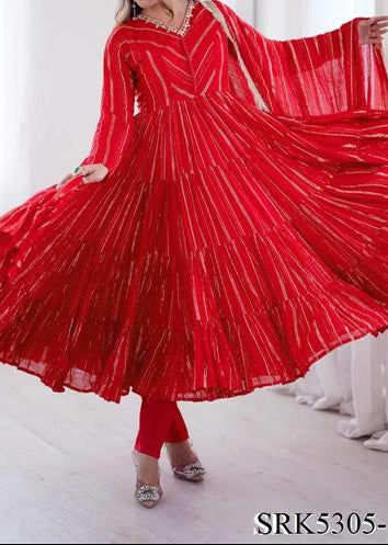 Real Mirror With Handwork Mal Chanderi Anarkali Set