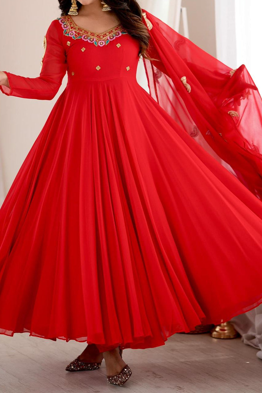 Heavy Faux Georgette Embroidery Sequence Work Fully Flare Anarkali Suit