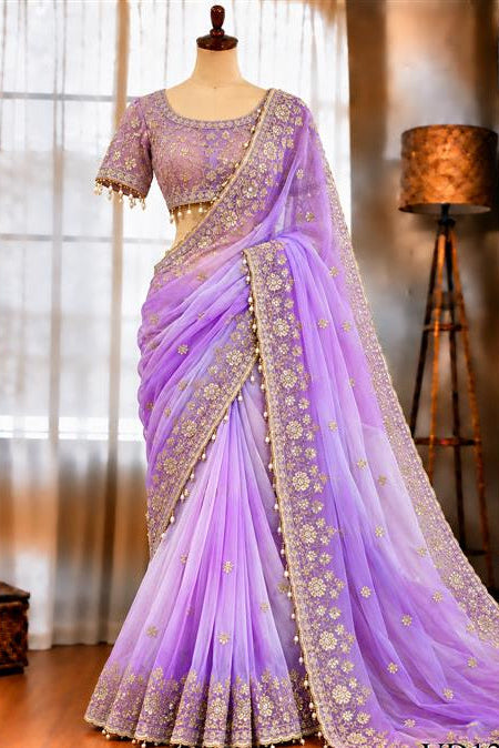 Designer Party Wear Fendy Sartin Saree With Stitched Blouse