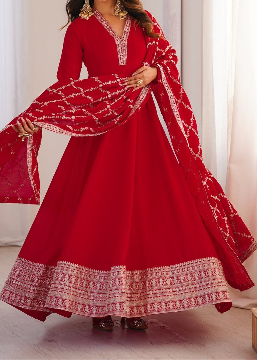 Premium Quality Pure Blooming Vichitra Silk Heavy Flair Gown With Dupatta Set