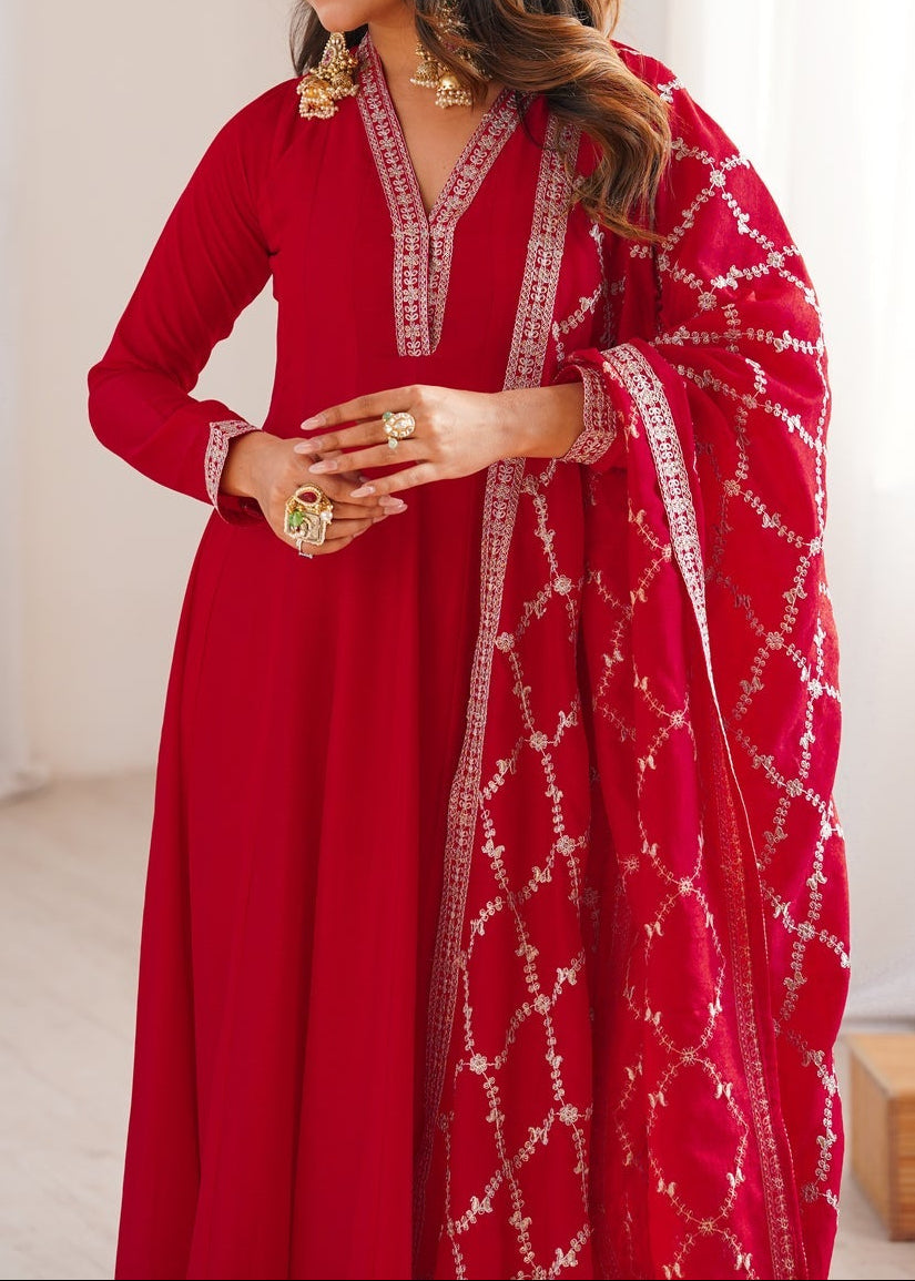 Premium Quality Pure Blooming Vichitra Silk Heavy Flair Gown With Dupatta Set