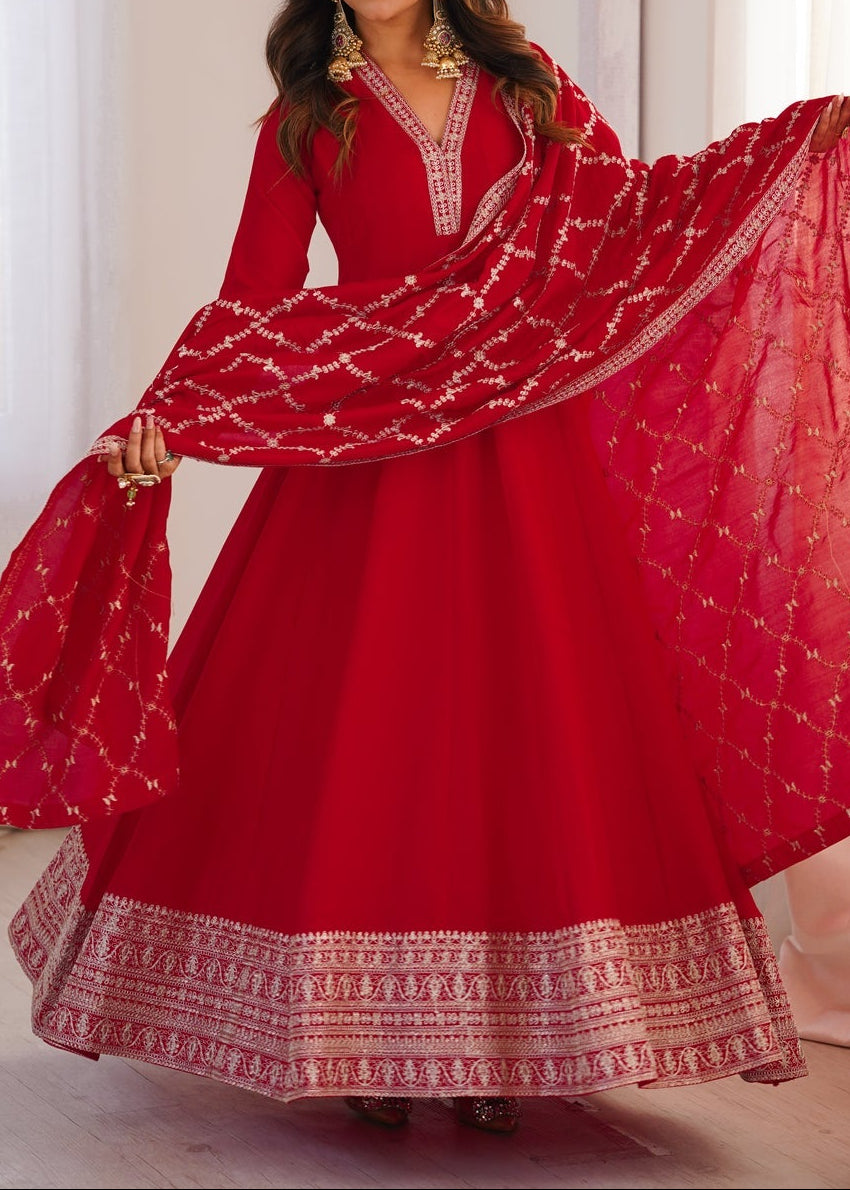 Premium Quality Pure Blooming Vichitra Silk Heavy Flair Gown With Dupatta Set