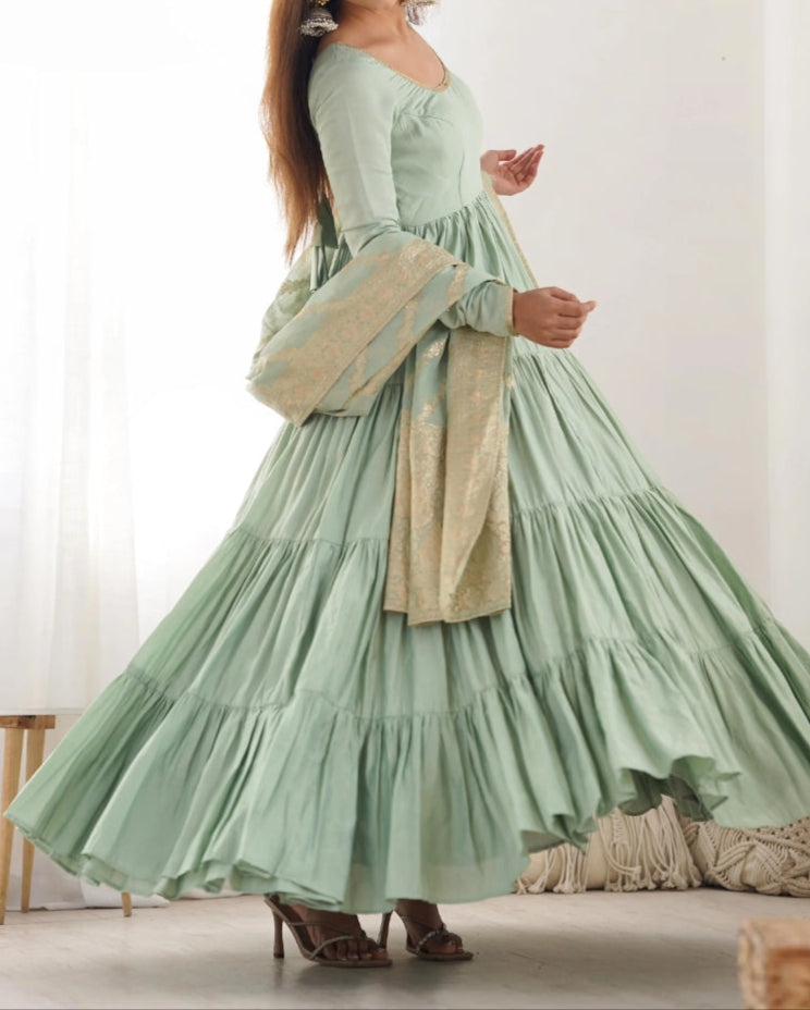 Pure Roman  Silk Chanderi Fabric Heavy Flair Anarkali Dress