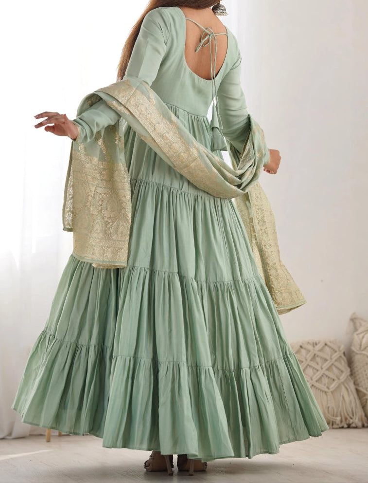 Pure Roman  Silk Chanderi Fabric Heavy Flair Anarkali Dress