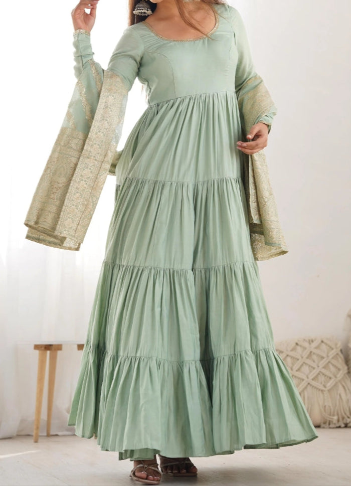 Pure Roman  Silk Chanderi Fabric Heavy Flair Anarkali Dress