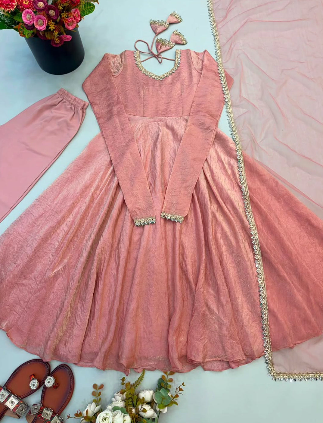 Crush Silk Heavy Flare Anarkali Suit Set With Mirror Work detailing